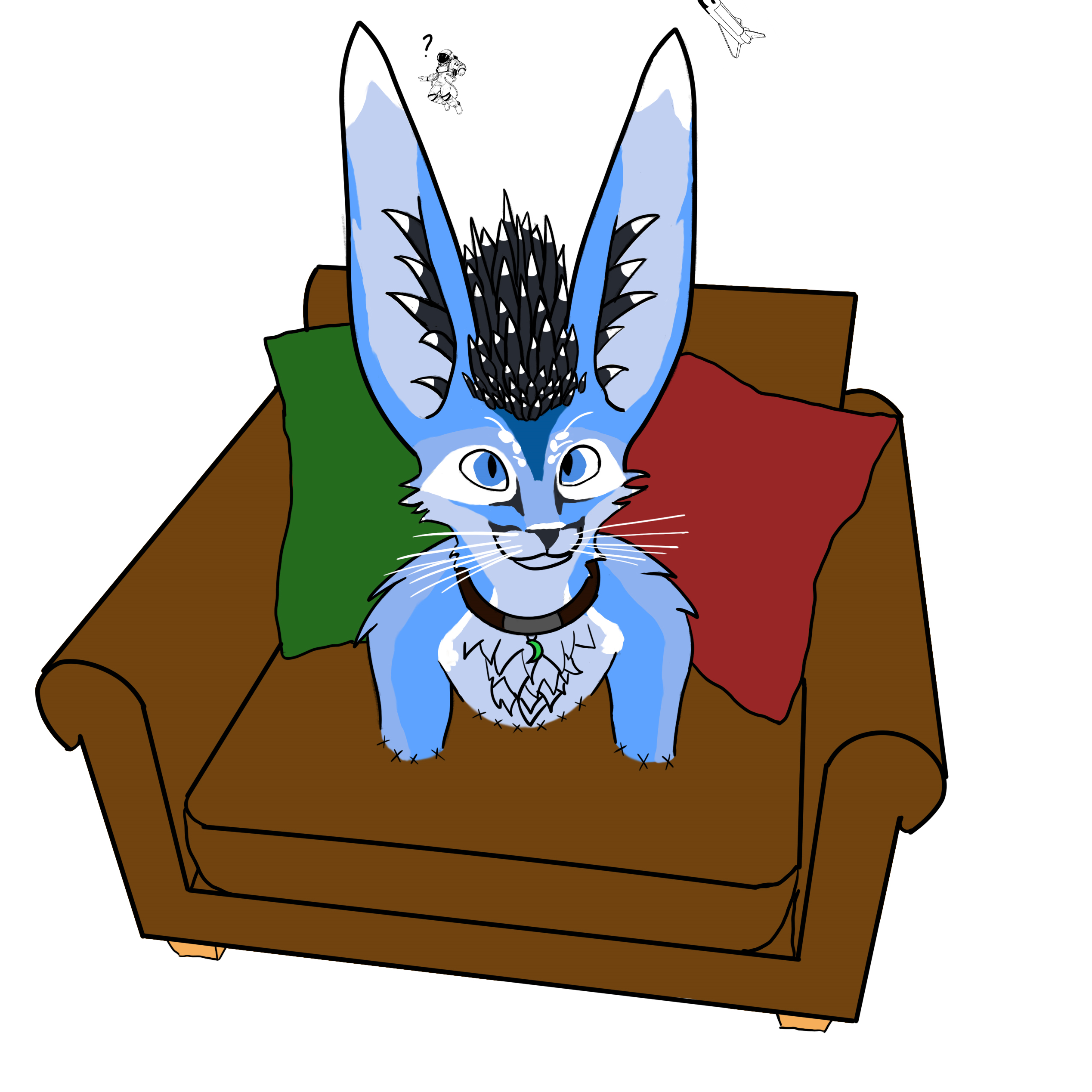 A drawing of a Rexouium phasing through a couch (note: it's from a game and in games, phasing through objects is fairly common - and a second note; a Rexouium is a fictional anthropomorhic fox-like creature)